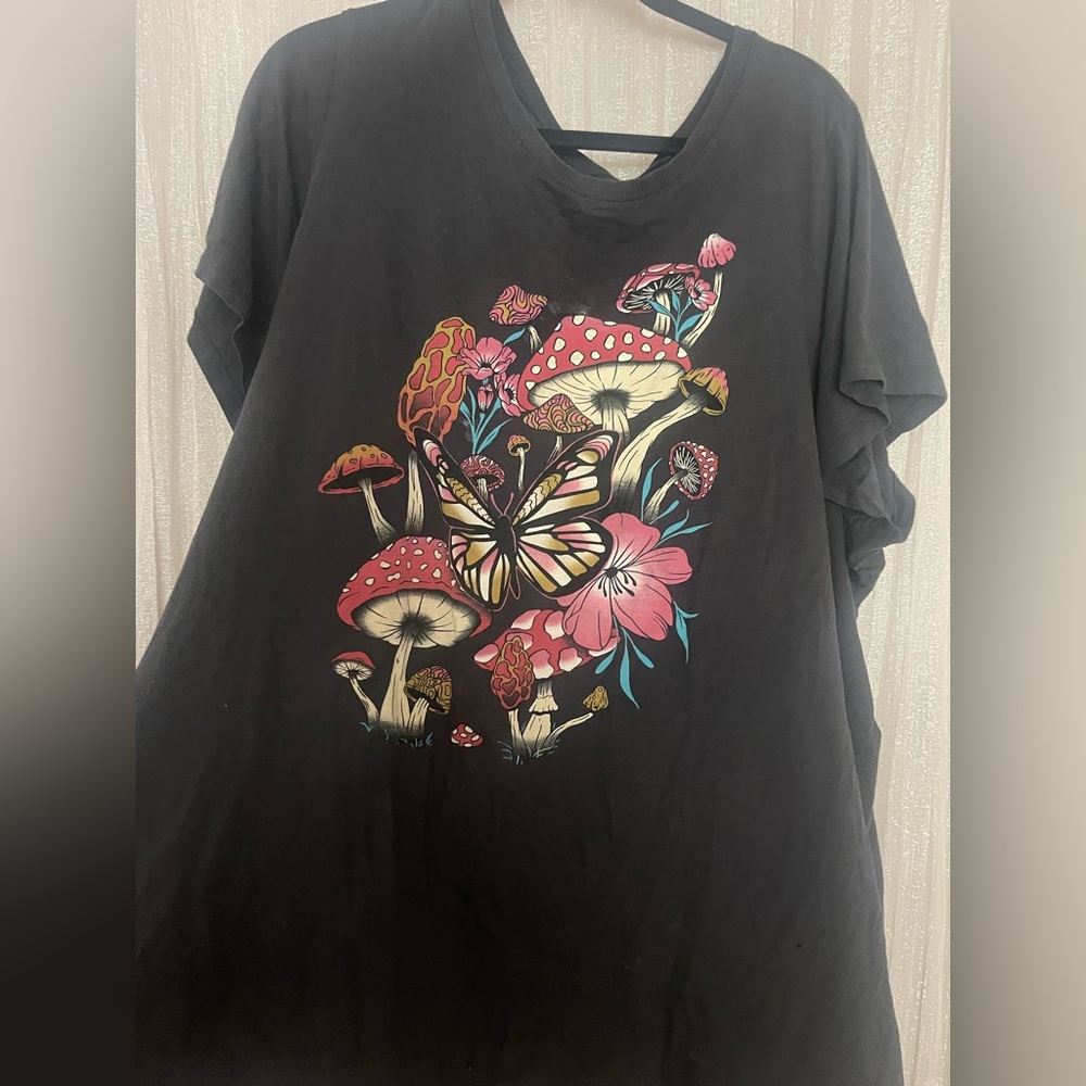 torrid Black Tee with Pink Butterfly Mushroom Graphic